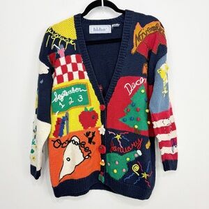 Belle Pointe Colorful Calendar Holidays Rare Vintage Cotton Cardigan Sweater